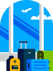 An illustration some luggage with a plane in the background.